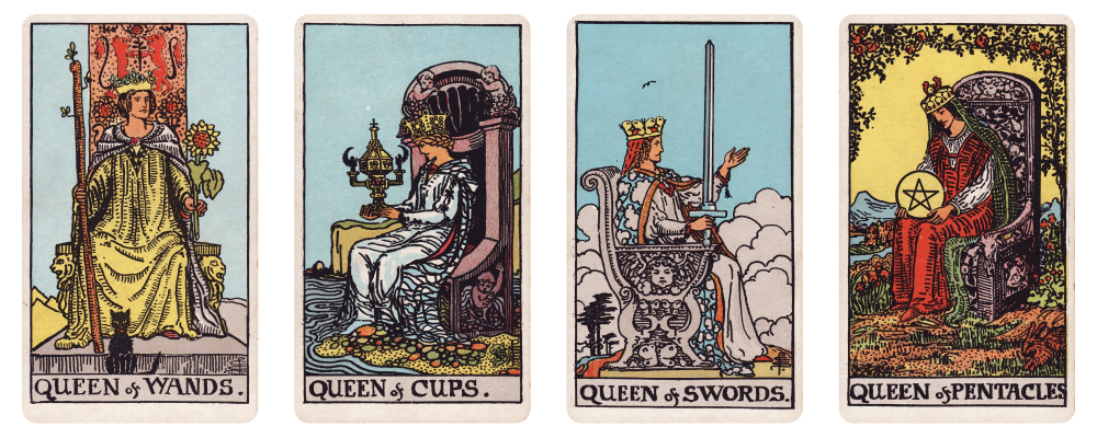 Queen of Wands, Cups, Swords, Pentacles