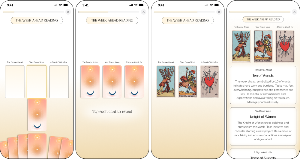 4 screens depicting the flow for the Week Ahead Reading feature